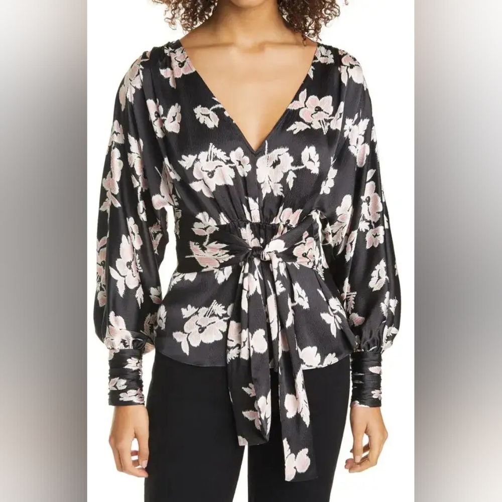 Cinq à Sept Yesenia Floral Textured Tie Front Silk Blouse Size Small